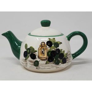 Vintage Single Serve‎ Teapot Black Olives Leaves GreenBlackBrownWhite Unmarked